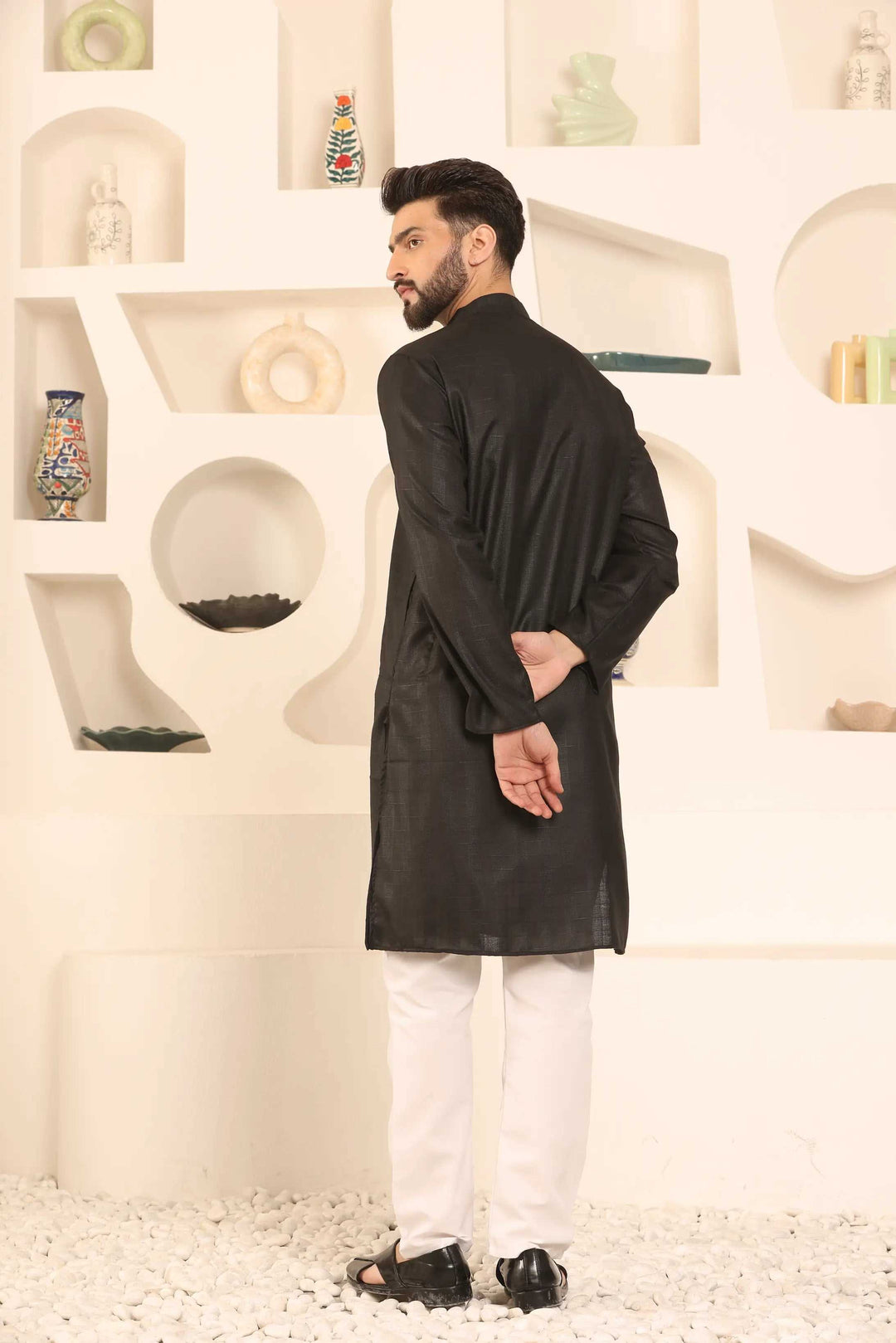 Black Self-Design Cotton Kurta Pyjama Set