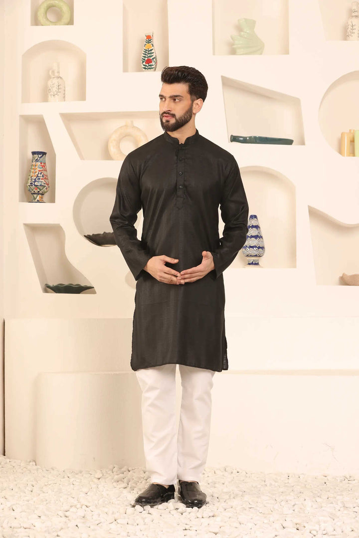 Black Self-Design Cotton Kurta Pyjama Set