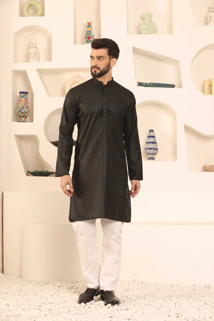 Black Self-Design Cotton Kurta Pyjama Set