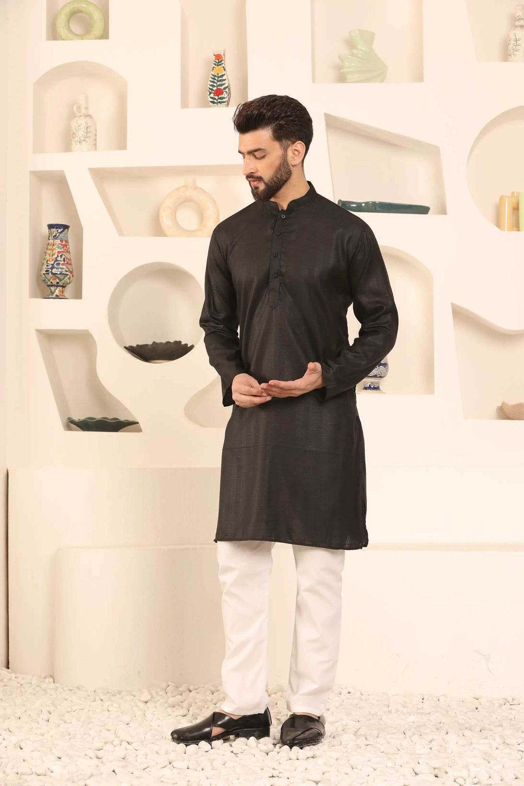 Black Self-Design Cotton Kurta Pyjama Set