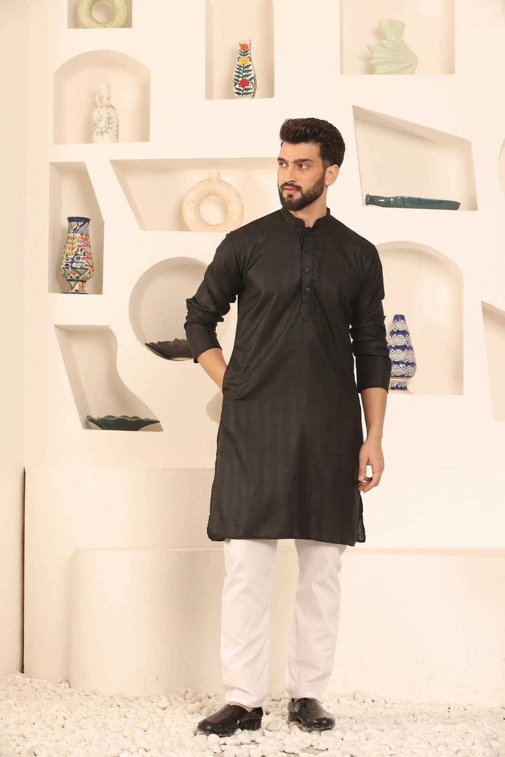 Black Self-Design Cotton Kurta Pyjama Set