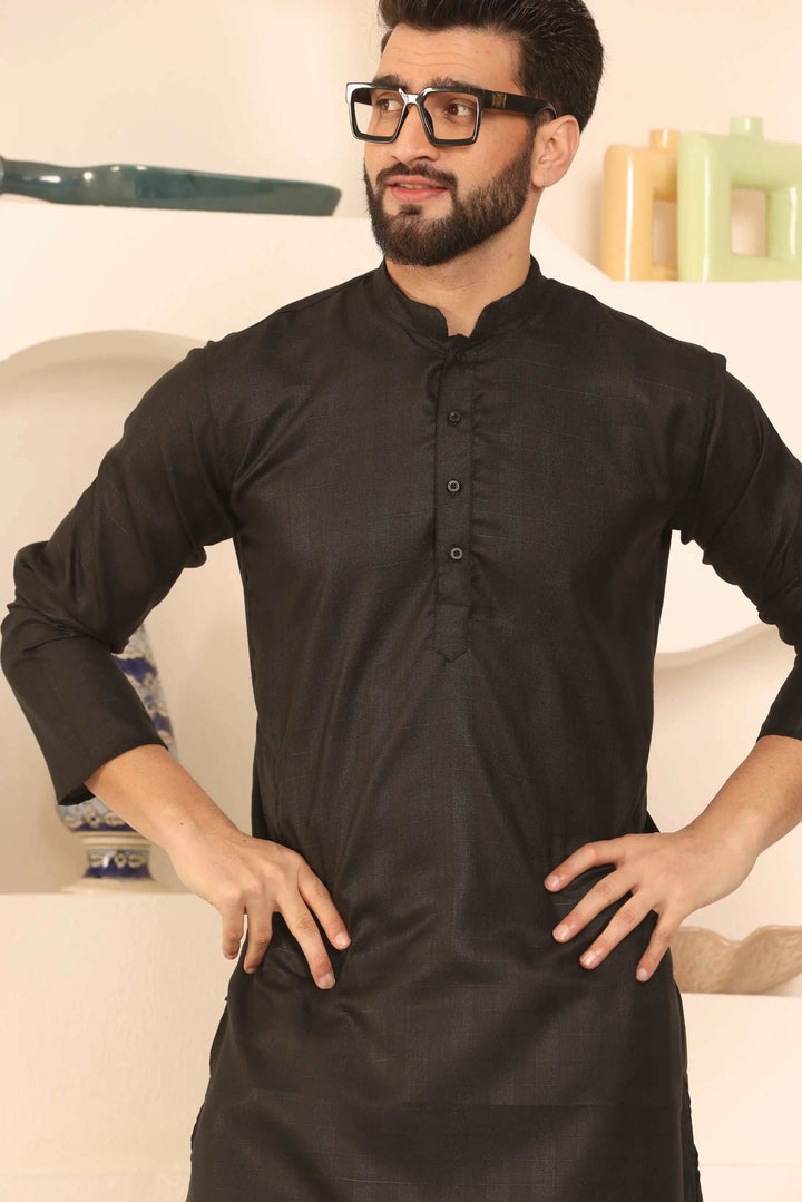 Black Self-Design Cotton Kurta Pyjama Set