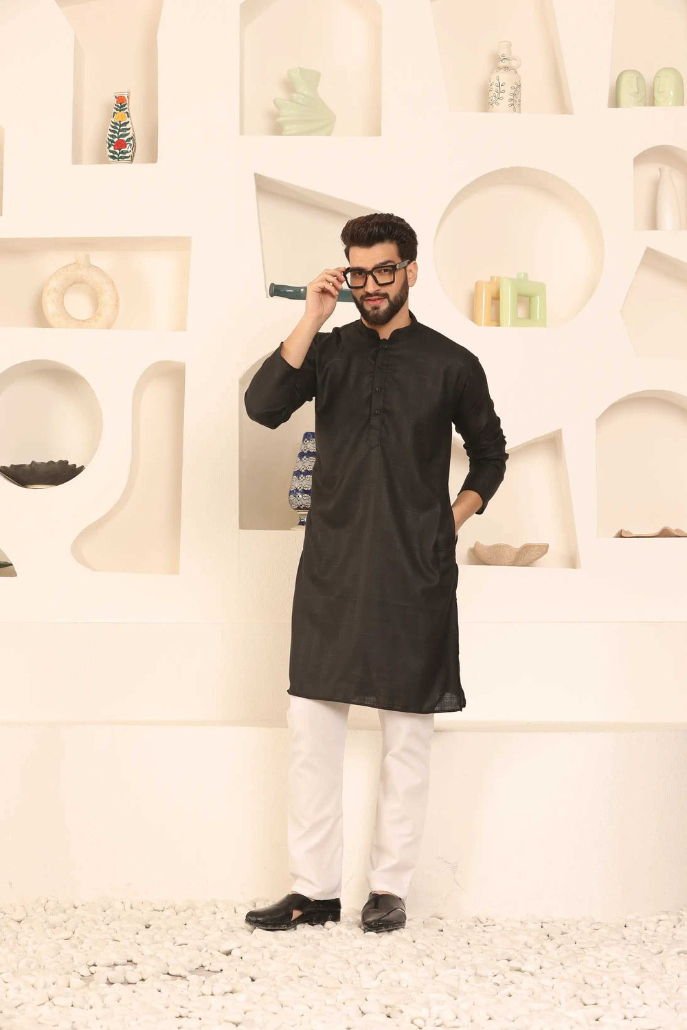 Black Self-Design Cotton Kurta Pyjama Set