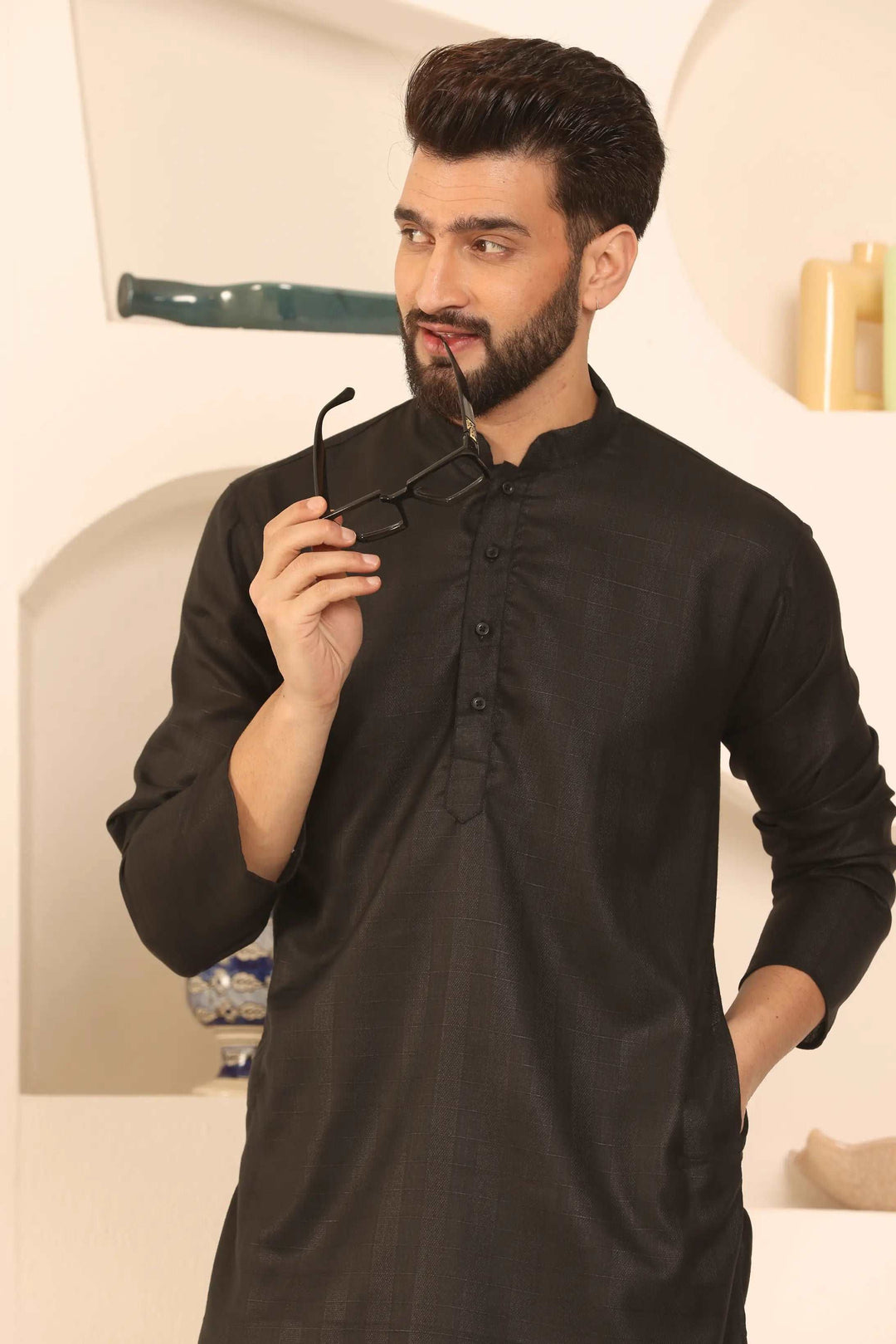 Black Self-Design Cotton Kurta Pyjama Set