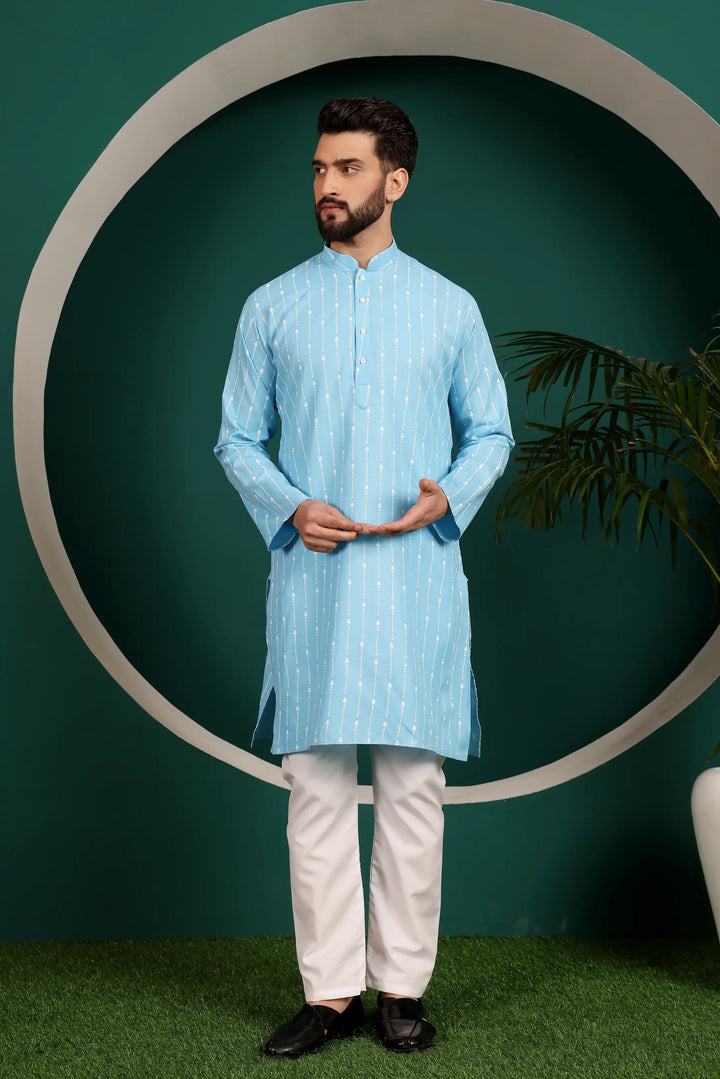 Timeless Charm in Sky Blue Men's Cotton Kurta Pyjama Set