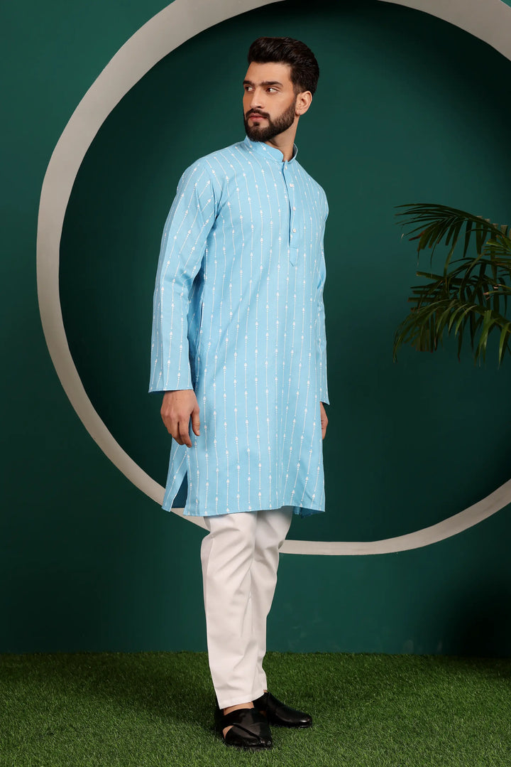 Timeless Charm in Sky Blue Men's Cotton Kurta Pyjama Set