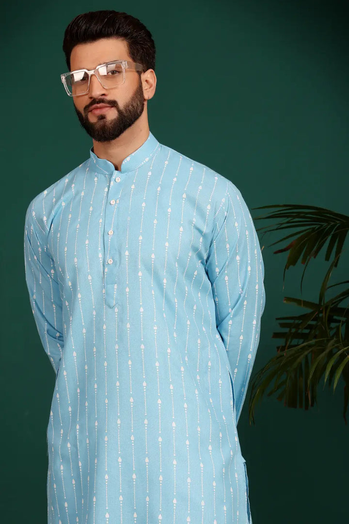 Timeless Charm in Sky Blue Men's Cotton Kurta Pyjama Set