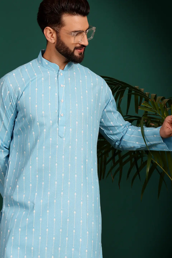 Timeless Charm in Sky Blue Men's Cotton Kurta Pyjama Set