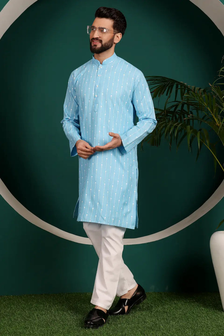 Timeless Charm in Sky Blue Men's Cotton Kurta Pyjama Set