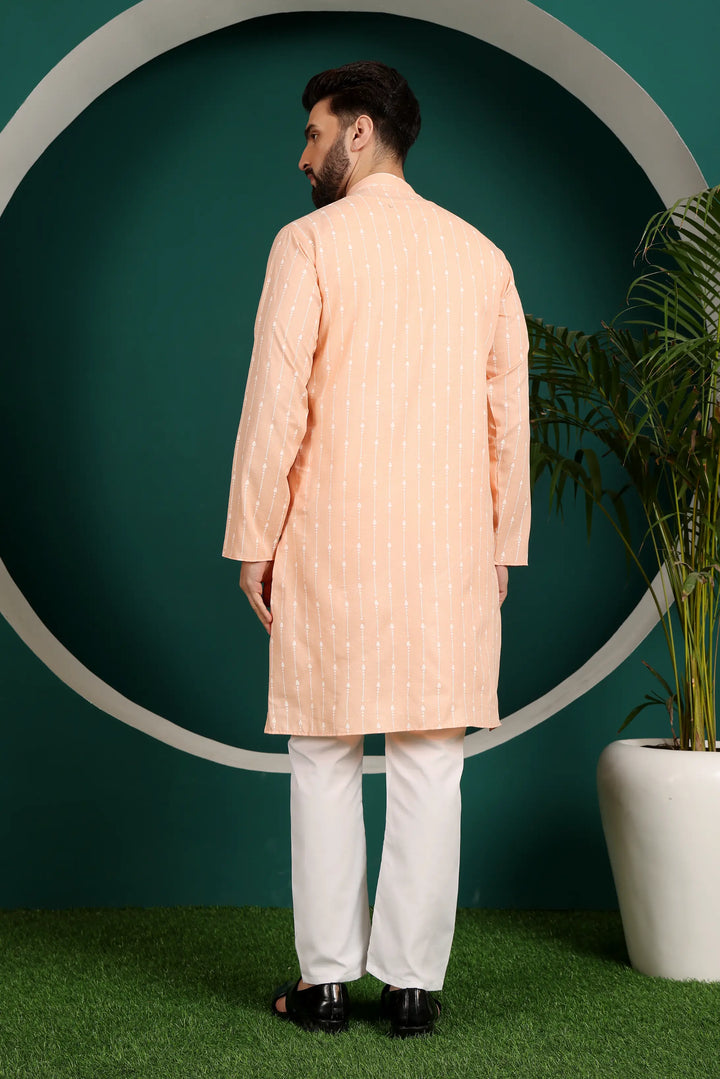 Orange Cotton Printed Kurta Pajama for Men