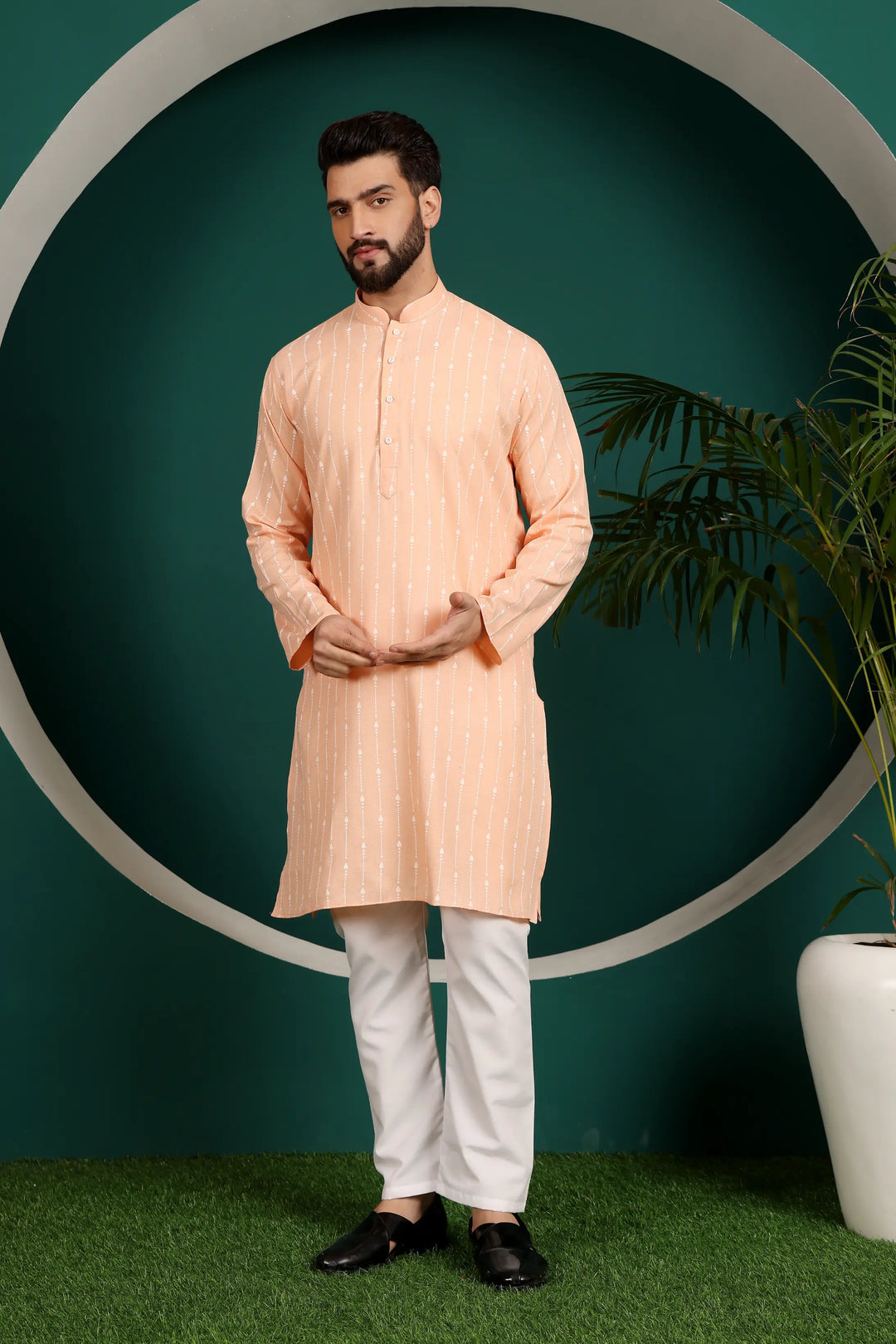 Orange Cotton Printed Kurta Pajama for Men