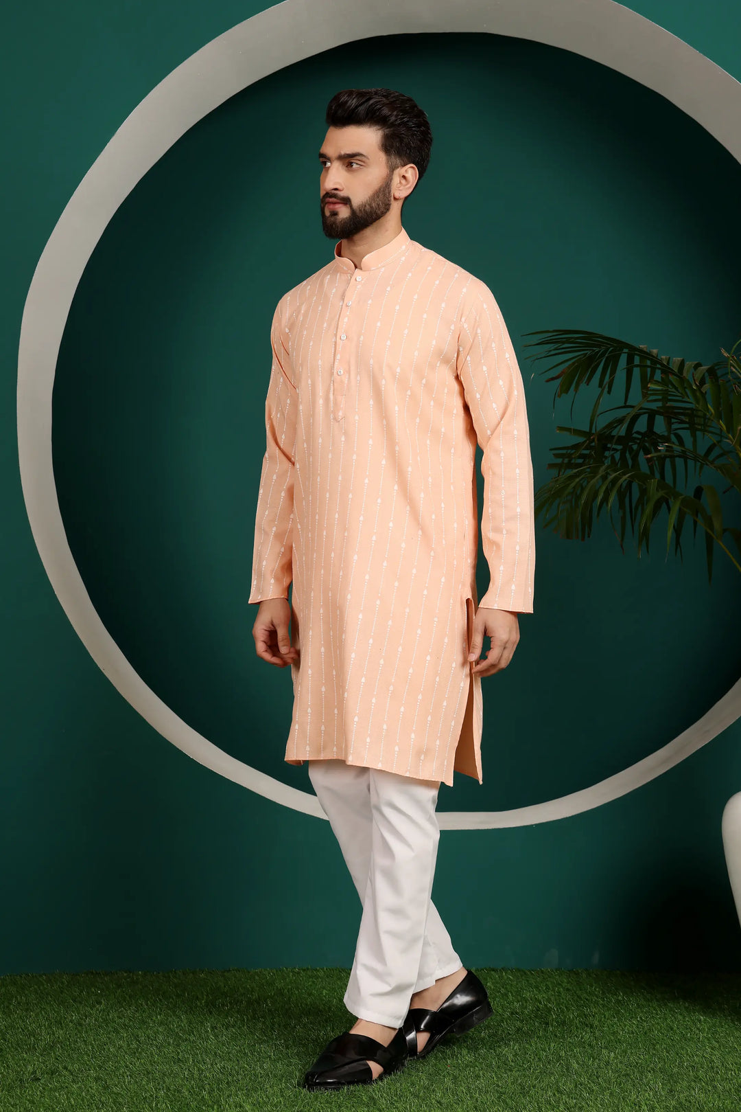 Orange Cotton Printed Kurta Pajama for Men