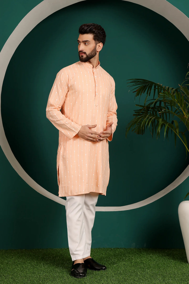 Orange Cotton Printed Kurta Pajama for Men