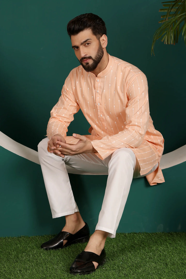 Orange Cotton Printed Kurta Pajama for Men