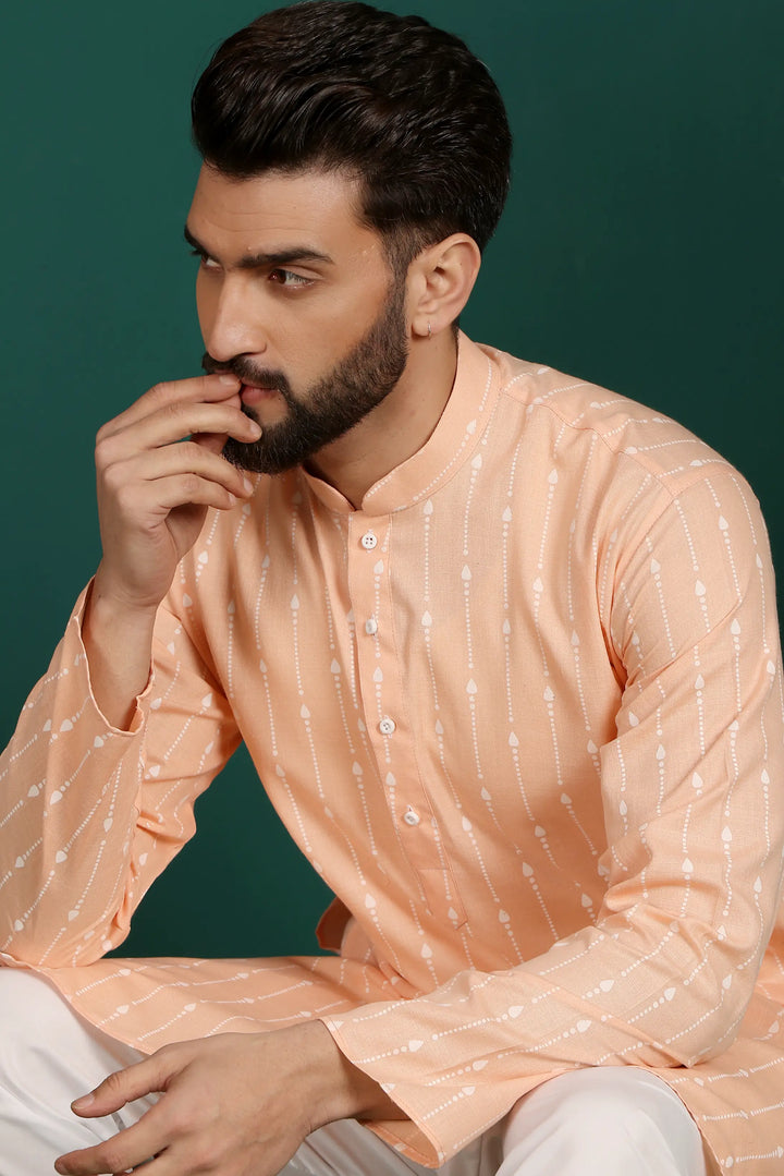 Orange Cotton Printed Kurta Pajama for Men