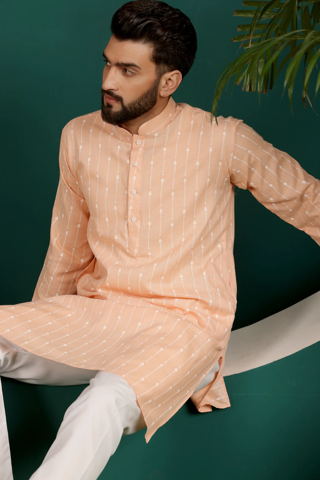 Orange Cotton Printed Kurta Pajama for Men