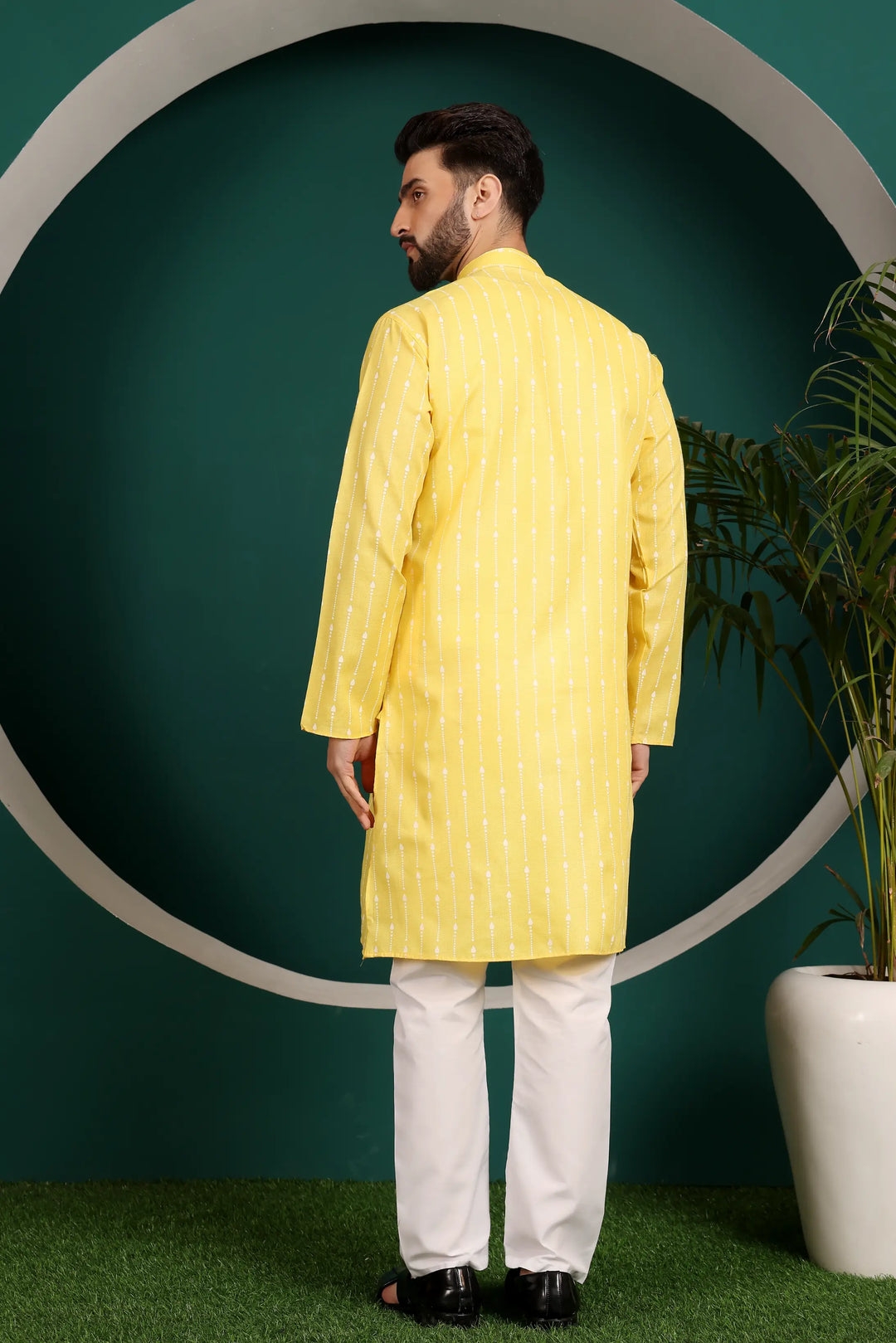 Sunny Elegance Yellow Cotton Printed Kurta Pajama for Men