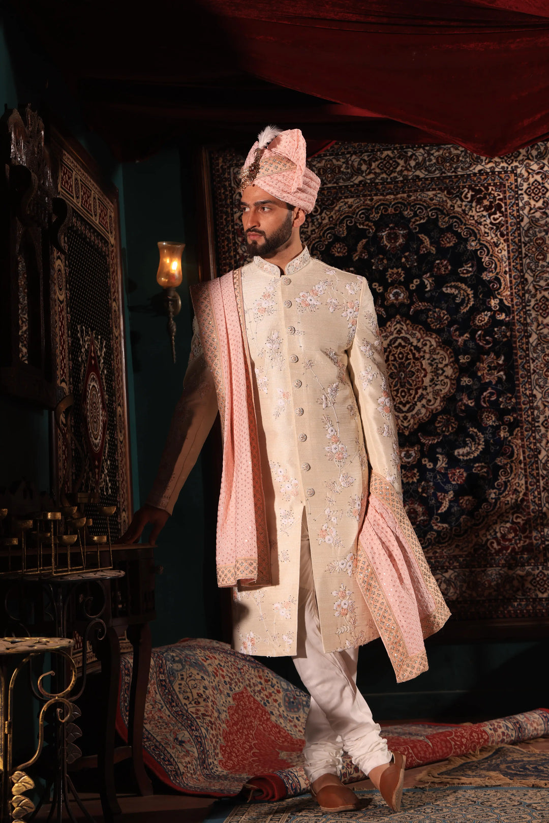 Beige and Peach Embroidered Sherwani Set