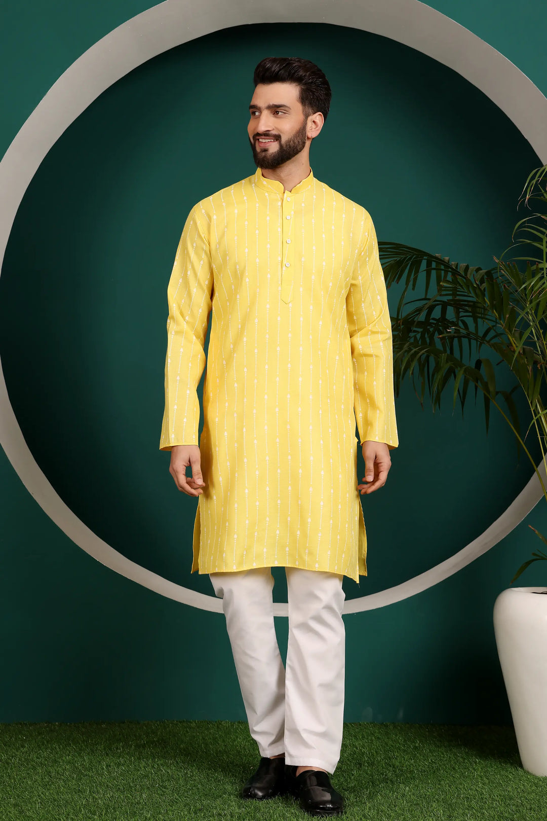 Sunny Elegance Yellow Cotton Printed Kurta Pajama for Men