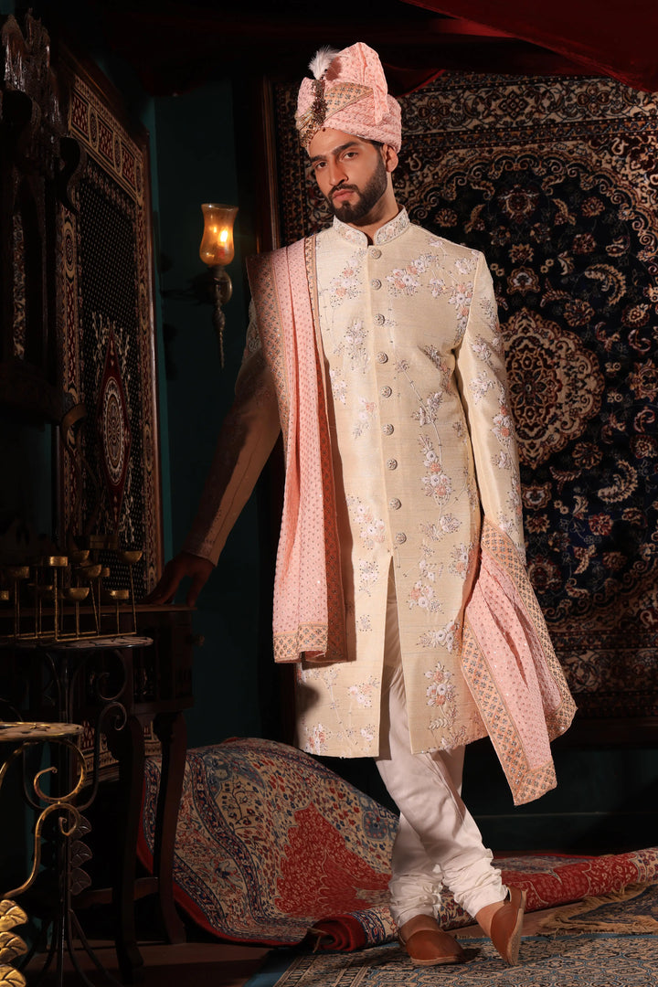 Beige and Peach Embroidered Sherwani Set