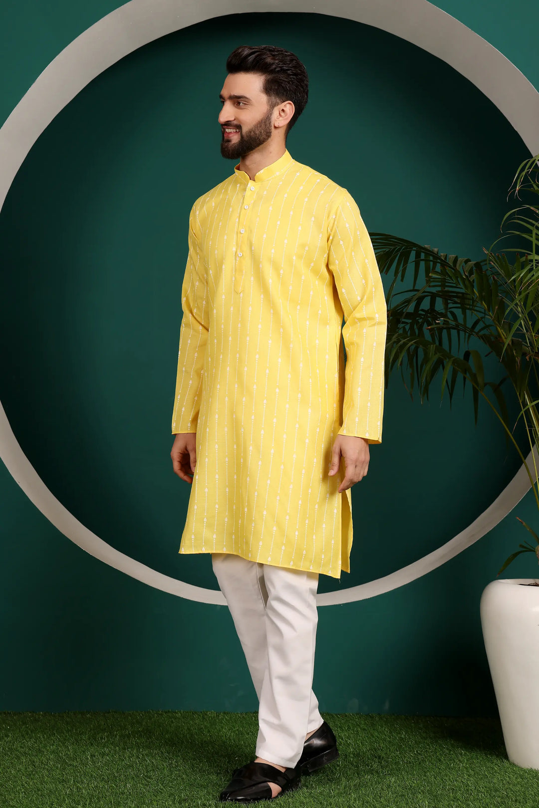 Sunny Elegance Yellow Cotton Printed Kurta Pajama for Men