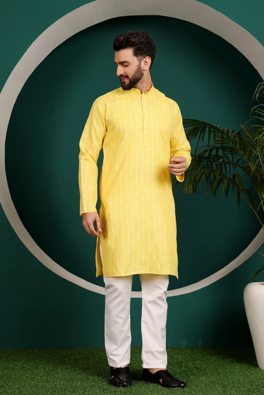 Sunny Elegance Yellow Cotton Printed Kurta Pajama for Men