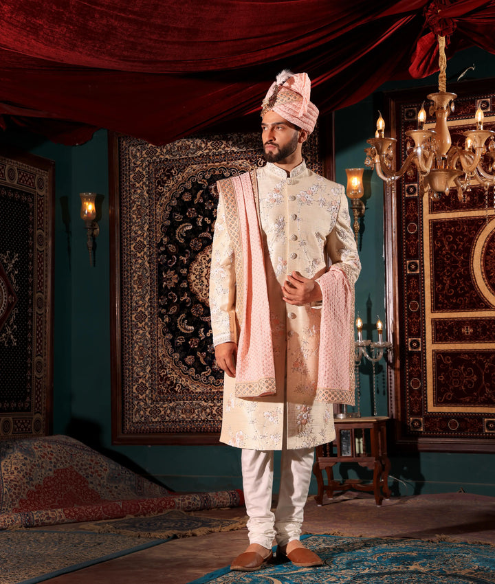 Beige and Peach Embroidered Sherwani Set