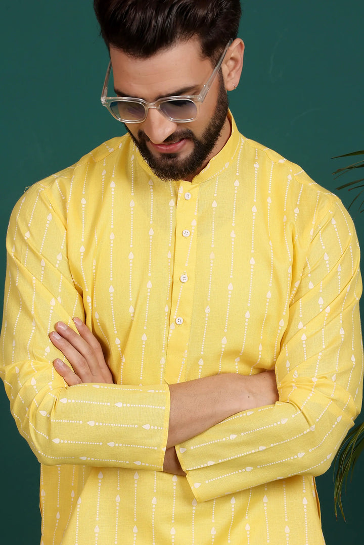 Sunny Elegance Yellow Cotton Printed Kurta Pajama for Men