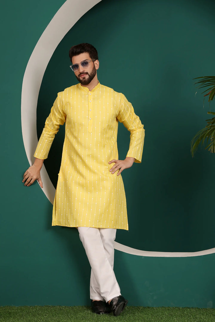 Sunny Elegance Yellow Cotton Printed Kurta Pajama for Men