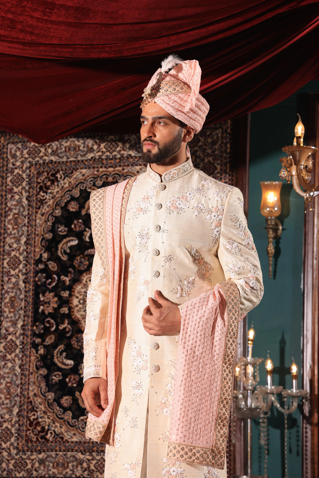 Beige and Peach Embroidered Sherwani Set