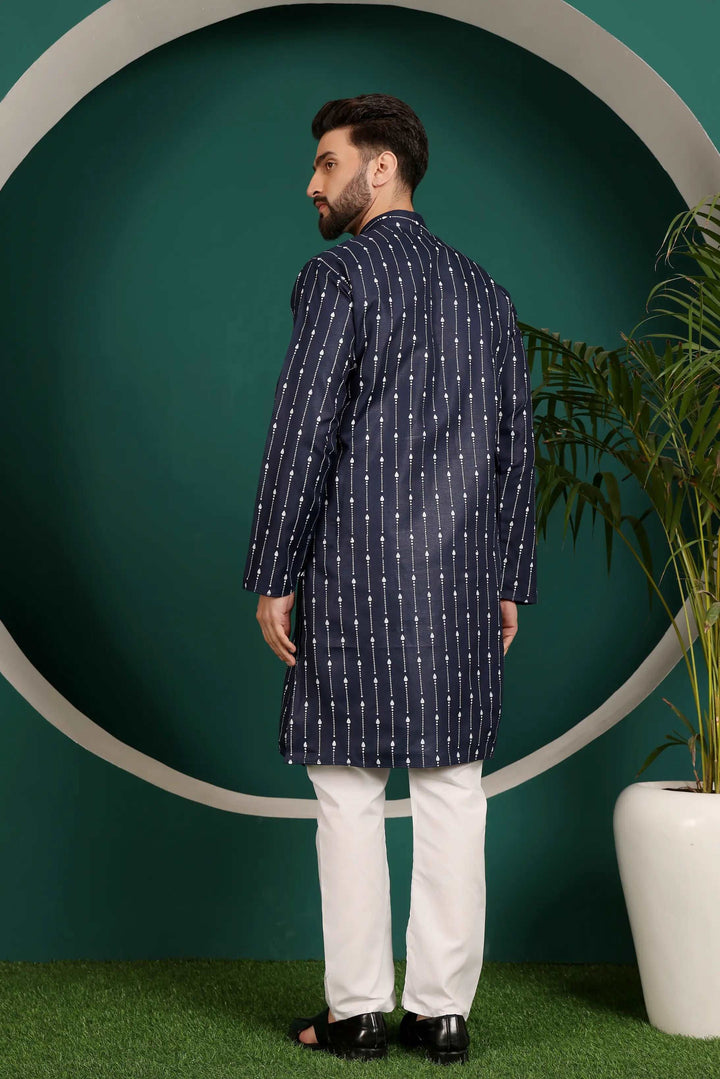 Elegance in Harmony Navy Blue Cotton Printed Kurta with White Cotton Pajama Set for Men