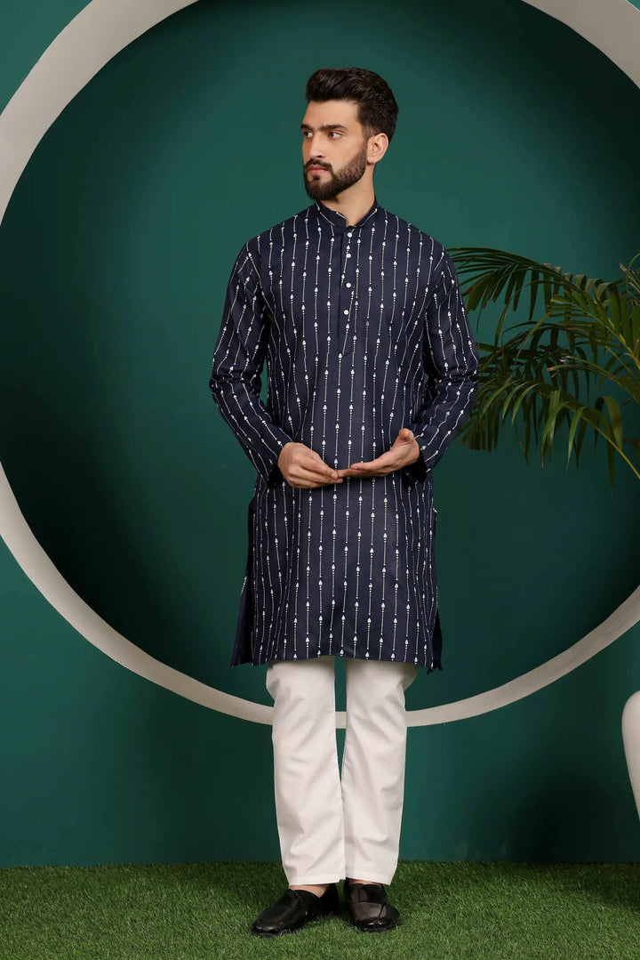 Elegance in Harmony Navy Blue Cotton Printed Kurta with White Cotton Pajama Set for Men