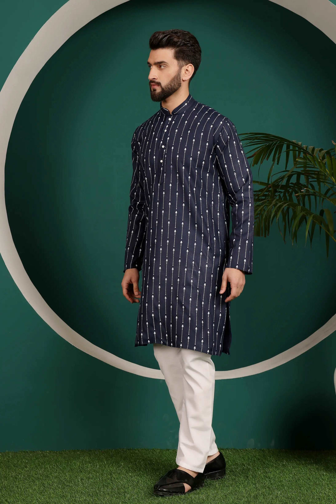 Elegance in Harmony Navy Blue Cotton Printed Kurta with White Cotton Pajama Set for Men