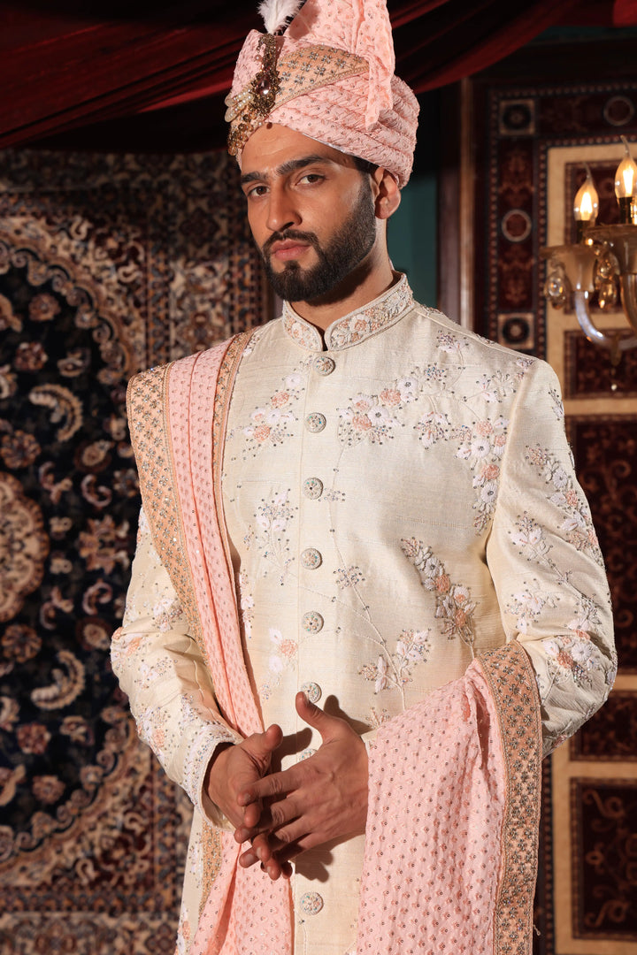 Beige and Peach Embroidered Sherwani Set