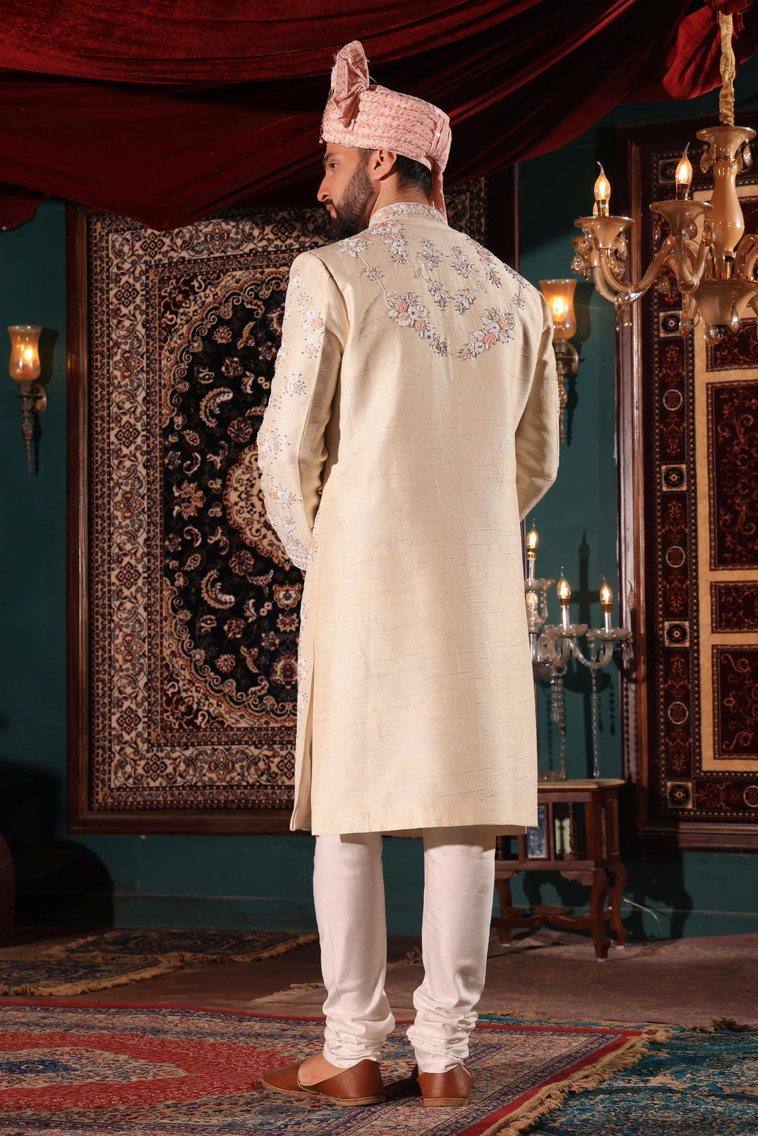 Beige and Peach Embroidered Sherwani Set