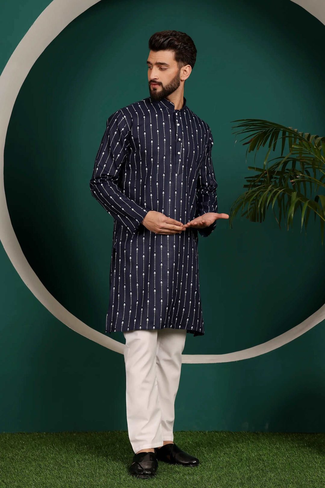 Elegance in Harmony Navy Blue Cotton Printed Kurta with White Cotton Pajama Set for Men