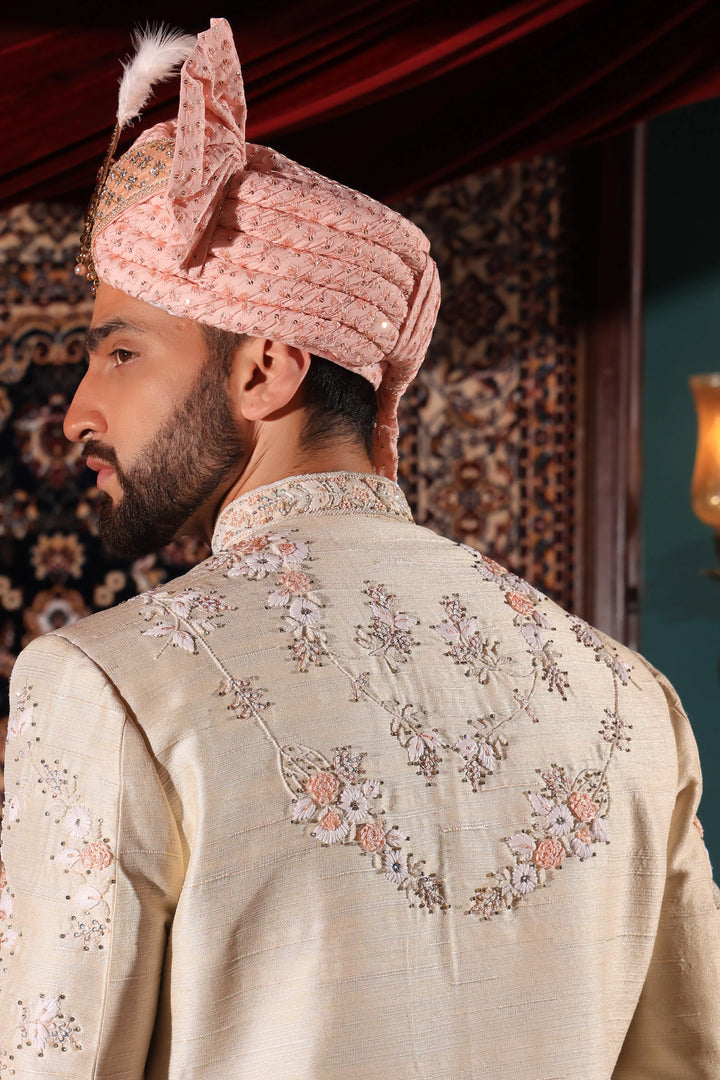 Beige and Peach Embroidered Sherwani Set