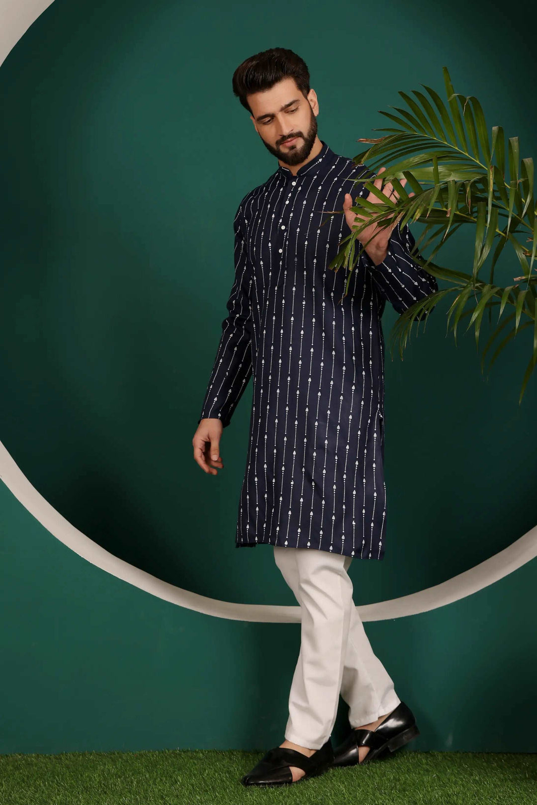 Elegance in Harmony Navy Blue Cotton Printed Kurta with White Cotton Pajama Set for Men