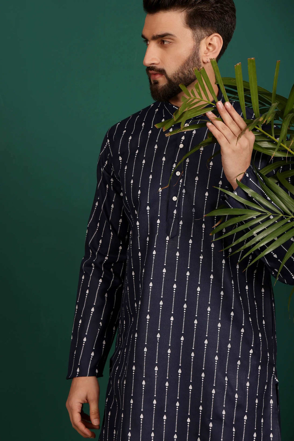 Elegance in Harmony Navy Blue Cotton Printed Kurta with White Cotton Pajama Set for Men