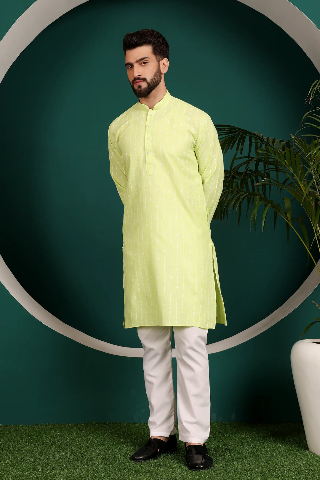 Pista Green Printed Cotton Kurta Pajama Set for Men