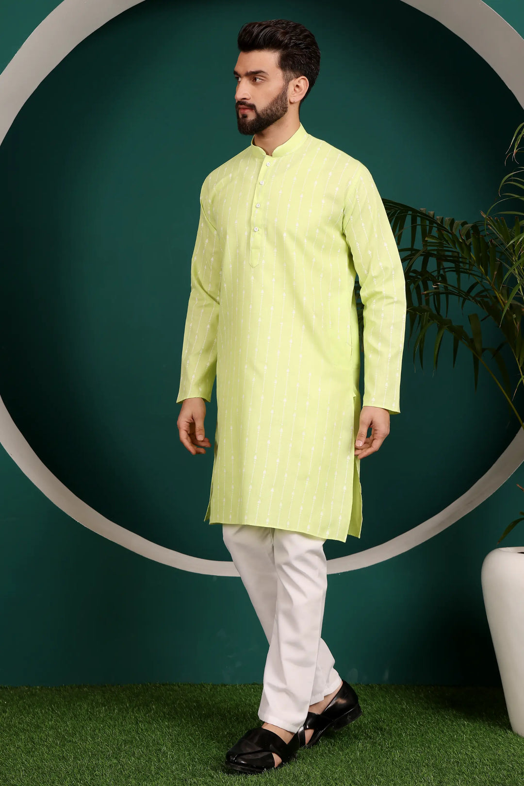 Pista Green Printed Cotton Kurta Pajama Set for Men