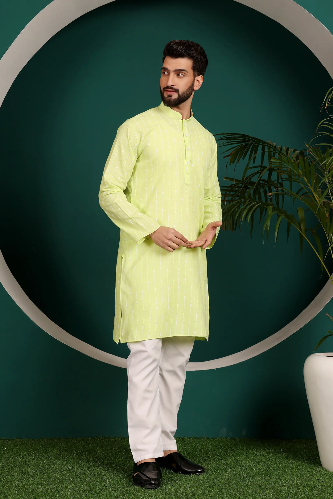 Pista Green Printed Cotton Kurta Pajama Set for Men