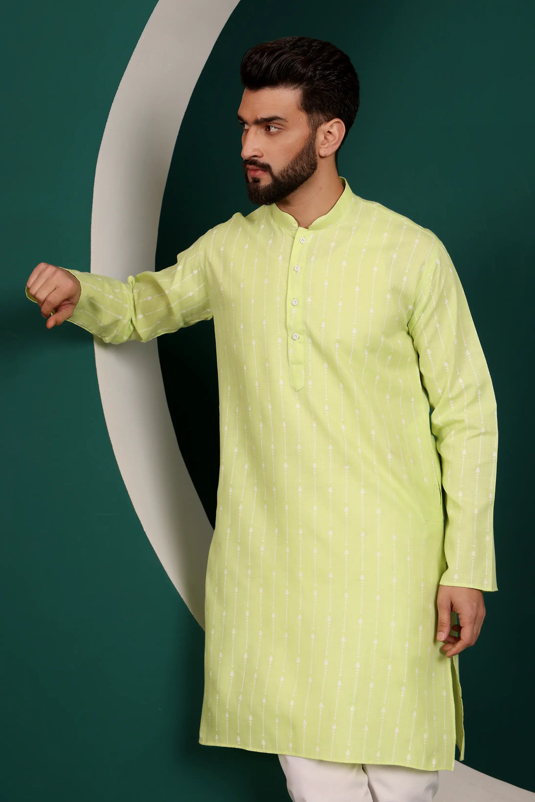 Pista Green Printed Cotton Kurta Pajama Set for Men