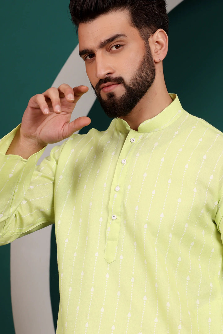 Pista Green Printed Cotton Kurta Pajama Set for Men