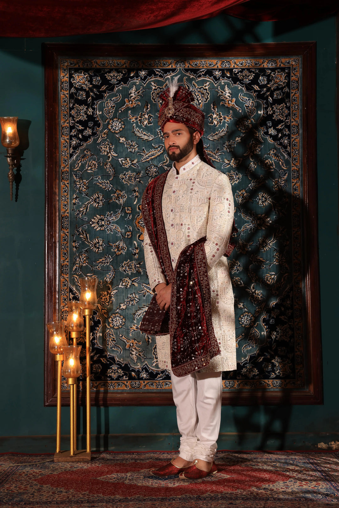 Cream Wedding Groom Sherwani Set