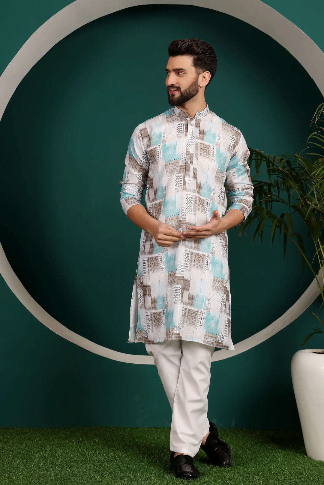 Multi-Color Cotton Printed Kurta Pajama Set for Men