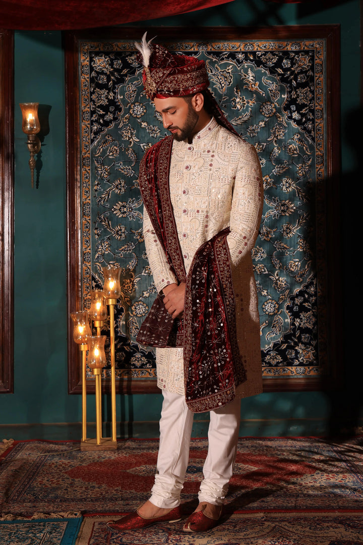 Cream Wedding Groom Sherwani Set