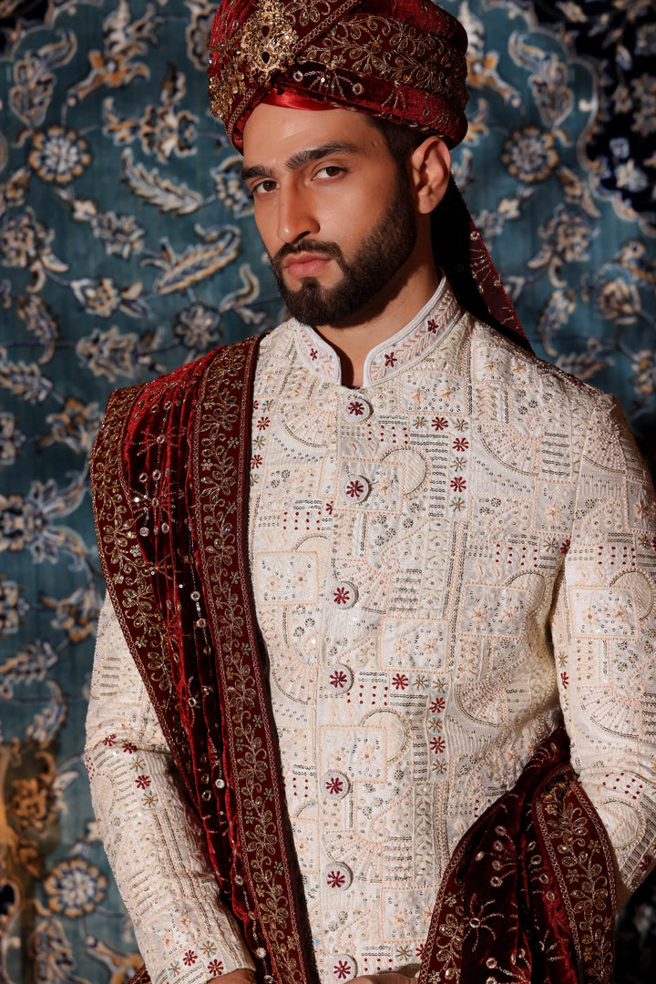 Cream Wedding Groom Sherwani Set