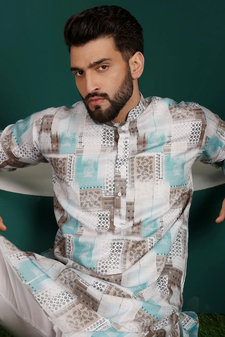 Multi-Color Cotton Printed Kurta Pajama Set for Men