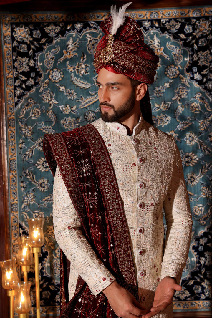 Cream Wedding Groom Sherwani Set